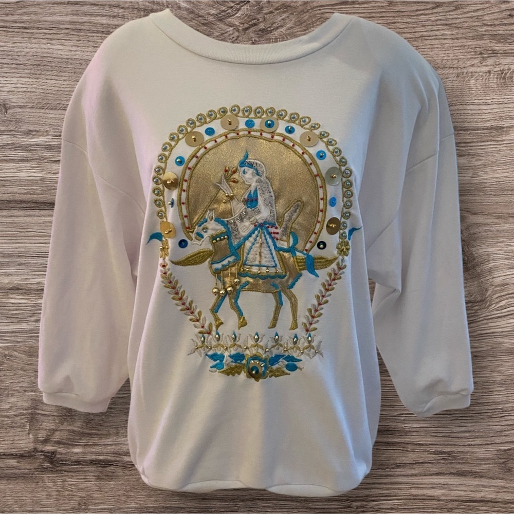 Peter Valentine Sweater Womens Size Large White Art to Wear Celestial Egyptian